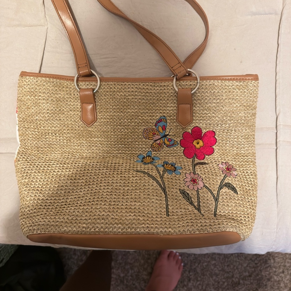 Floral Embroidered Tan Woven Bag